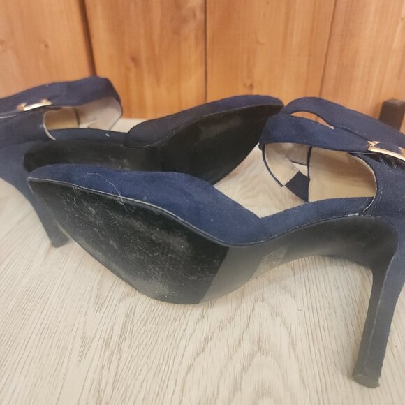 Bonnibel Navy Blue Suede-Like Ankle Strap Heels - Picture 3 of 8